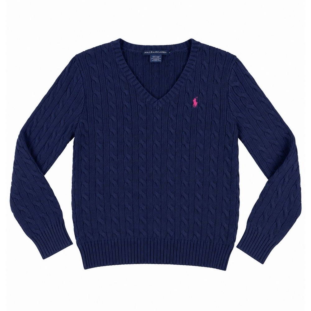 Ralph Lauren Sport XL Women Cable Knit Navy Blue Sweater Cotton V-Neck Preppy